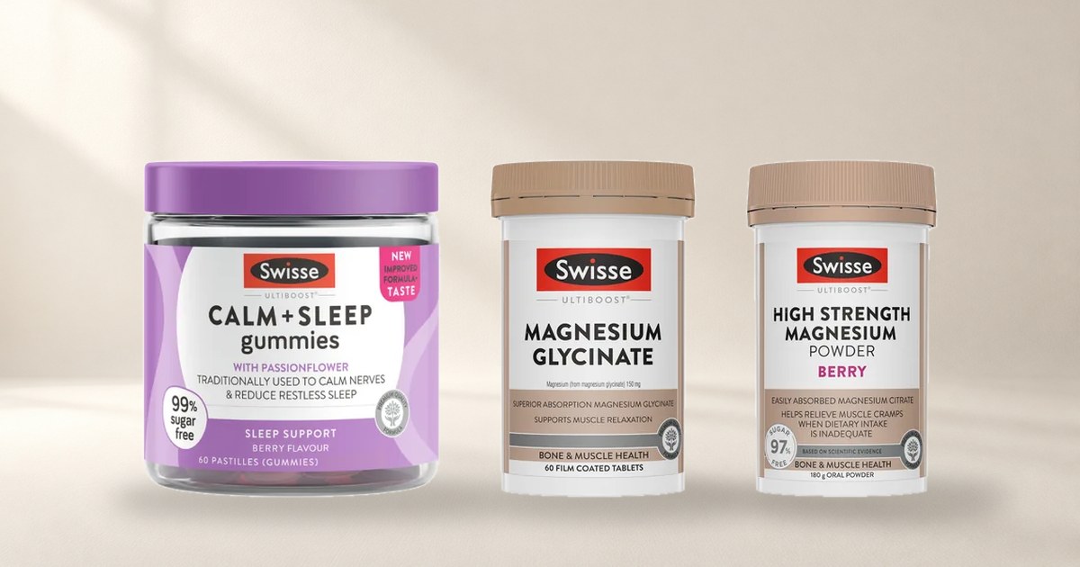 Swisse Calm and Sleep Gummies, Magnesium Glycinate and high strength magnesium powder standing side by side on a pale studio floor